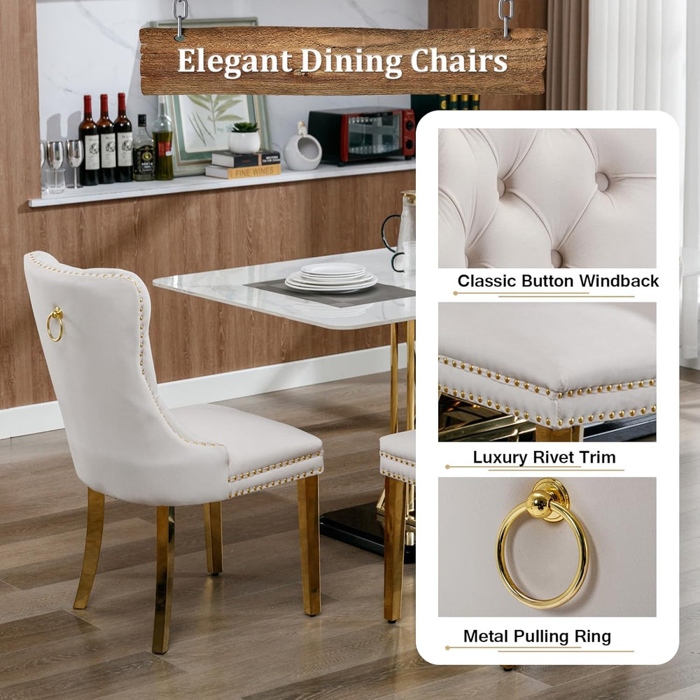 7-Piece Dining Table Set with 6 Beige Upholstered Chairs, 68" White Gold...