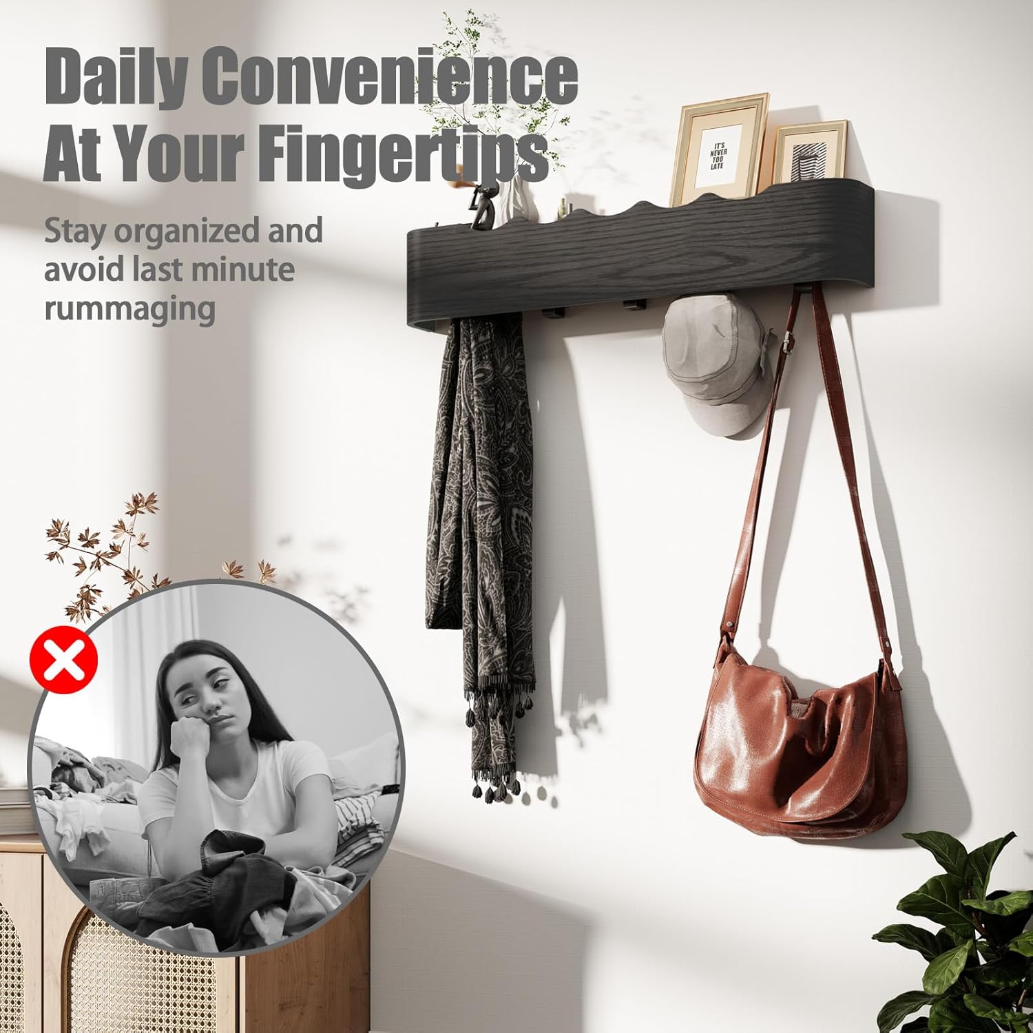 Coat Rack Wall Mount with Shelf 4 Hidden Hooks Modern Wooden Key Holder Entryway Organizer for Hallway Bedroom Bathroom Home Decor Storage for Hanging Coats Hats Bags Towels, Wave-Shape Black