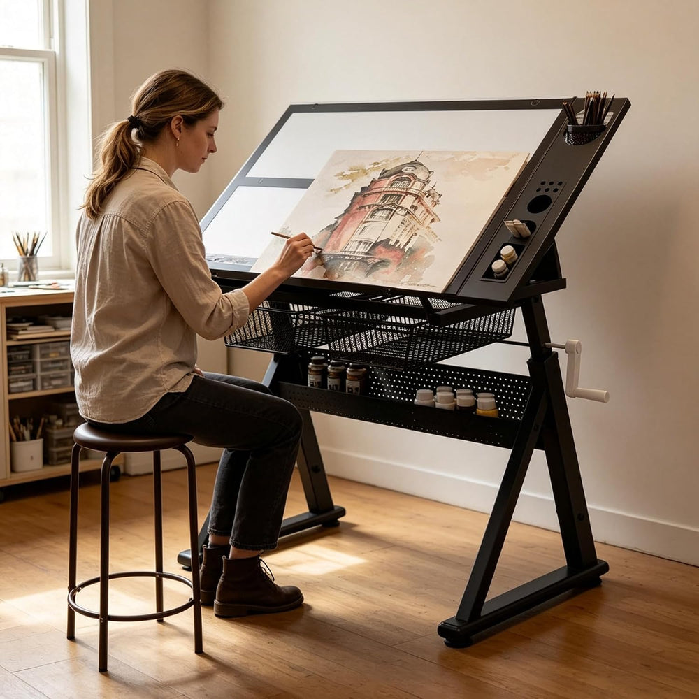 Drafting Desk w/Stool & Storage, Glass Art Table for Artists,Black