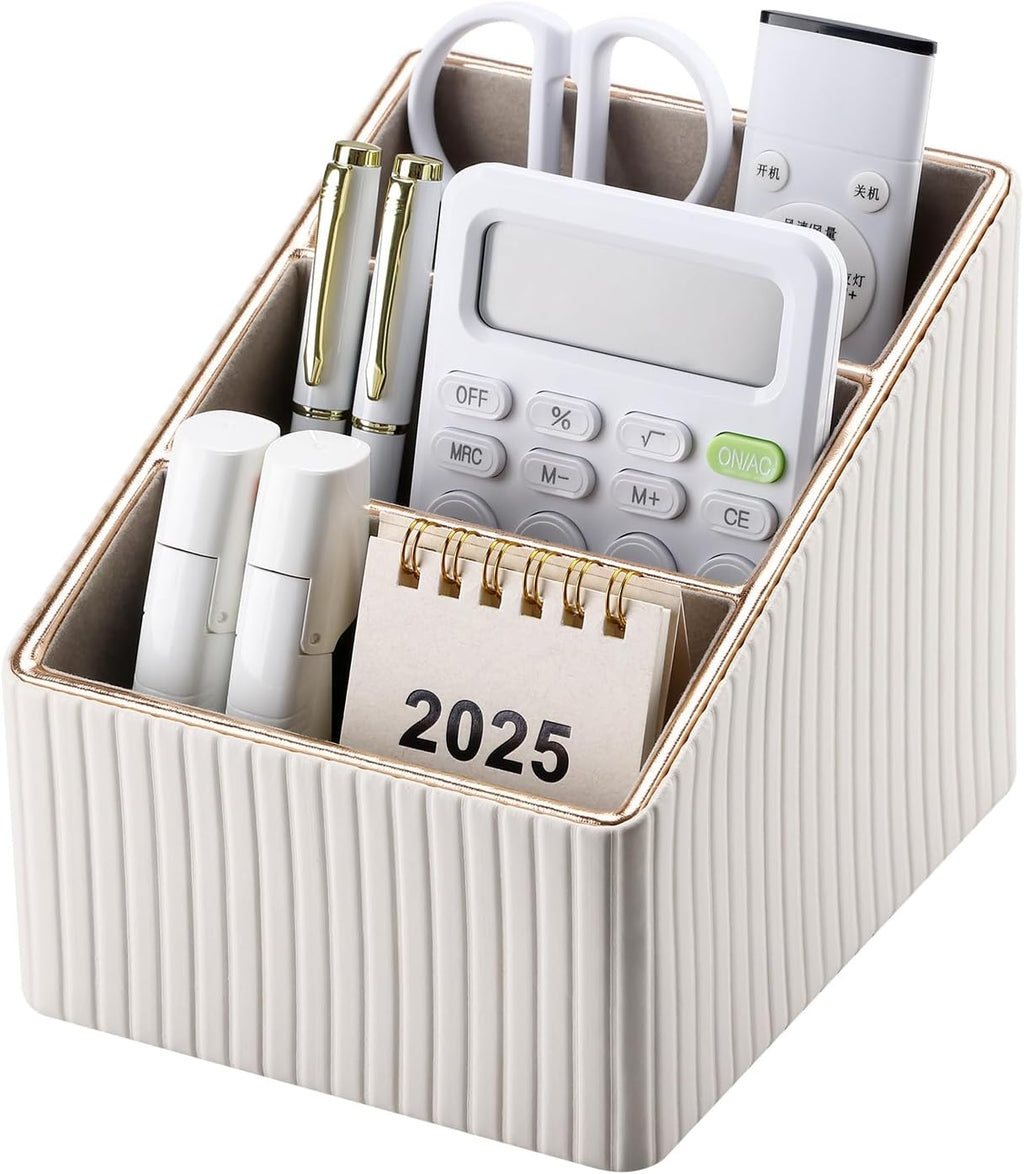 KINGFOM Remote Control Holder with 3 Compartments, Pu Leather Remote Caddy Desktop Organizer for TV, CD, Blu-Ray, Media Player, Heater Controllers and Cosmetics Office Supplies Light Beige