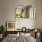 Gold Arched Mirror, 36"x28" Arch Vanity Mirrors for Bathroom, Metal Beaded Frame Ornate Decorative Mirror, Scalloped Vintage Mirrors for Fireplace Bedroom Living Room Entryway Hallway