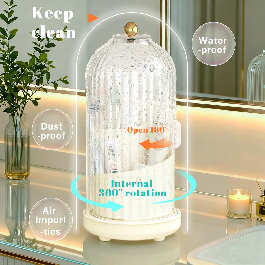 Multifunctional Rotating Toothbrush Holders with Sliding Lid and Draining Tray, 3-Slot Bathroom Countertop Vanity Organizer for Tooth Brush, Toothpaste, and Makeup Brushes Holder Storage (White)