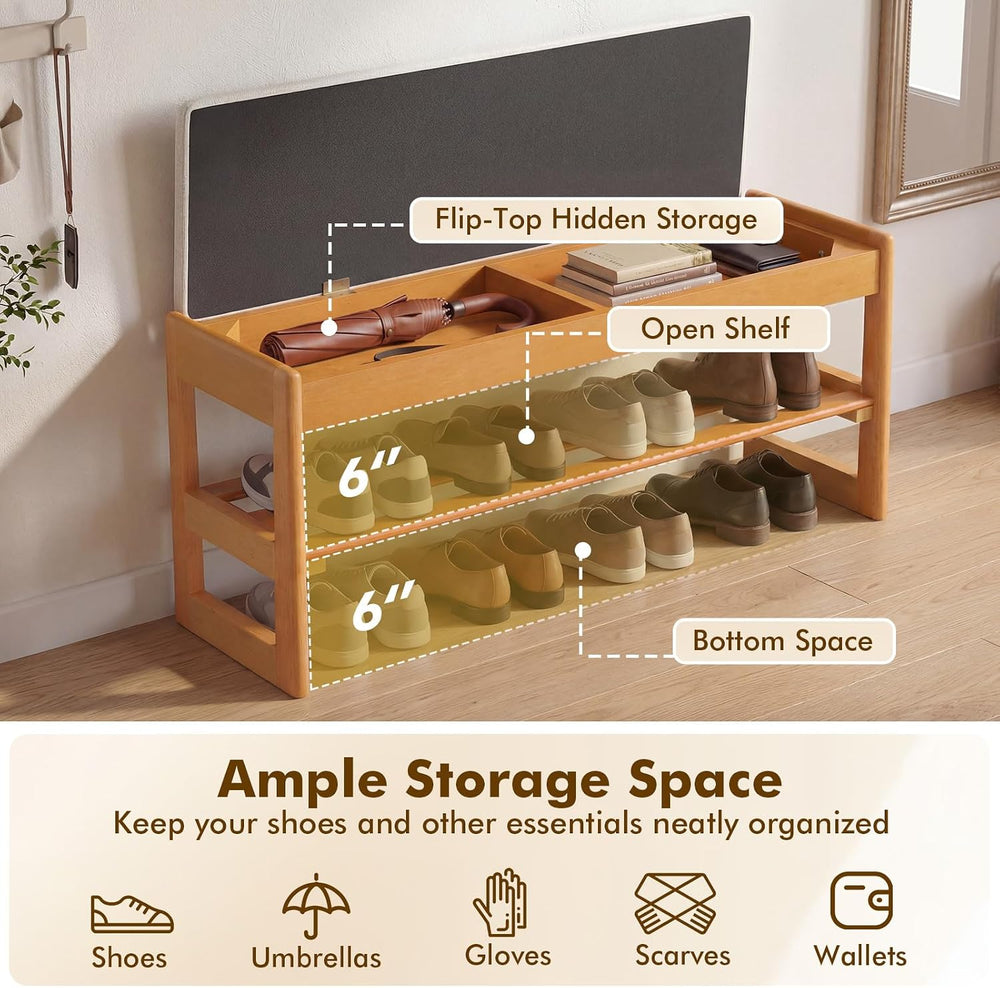 Giantex Shoe Rack Bench with Storage, Rubberwood Entryway Bench with Linen Se...