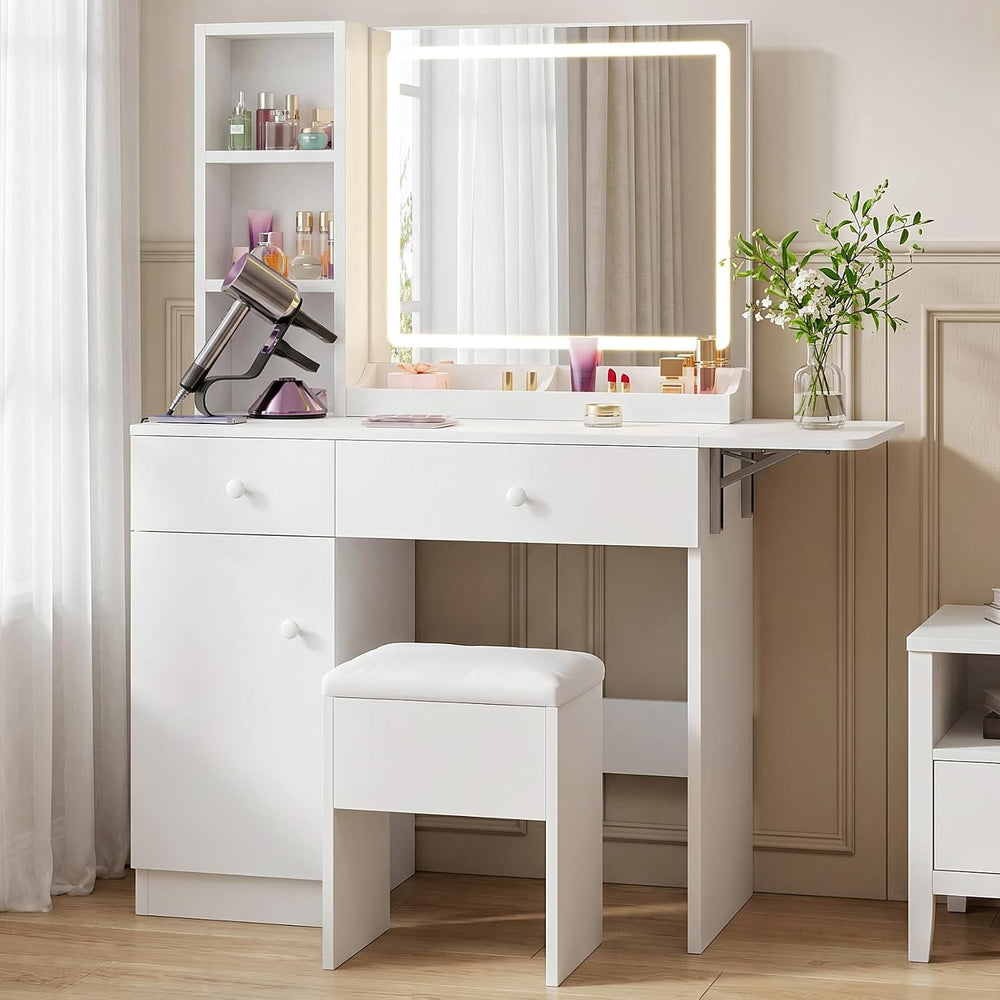FUXA Vanity Desk with Lighted Mirror, Charging Station and Chair, White | Sto...
