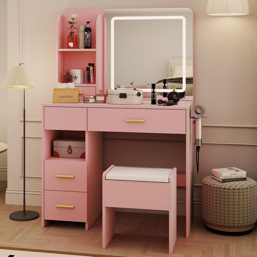 Vanity Desk with LED Mirror, Power Outlet, 5 Drawers Makeup Table | Smart LED...