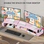 OPNICE Pink Desk Organizers and Accessories for Women, Dual Computer Monitor Stand Riser with Drawer and 2 Pen Holders, Office Desk Accessories, Workspace Desktop Organization for Office Supplies
