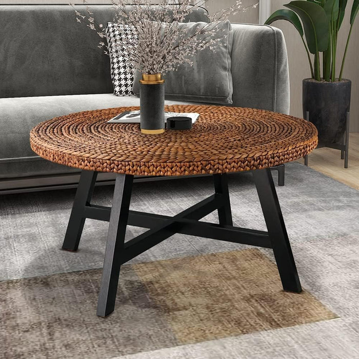 RANDEFURN 32 Inch Round Coffee Table, Handwoven Seagrass Coffee Table with Solid Pine Wood X Base, Natural Boho Coastal Farmhouse Cocktail Table for Living Room, Gold