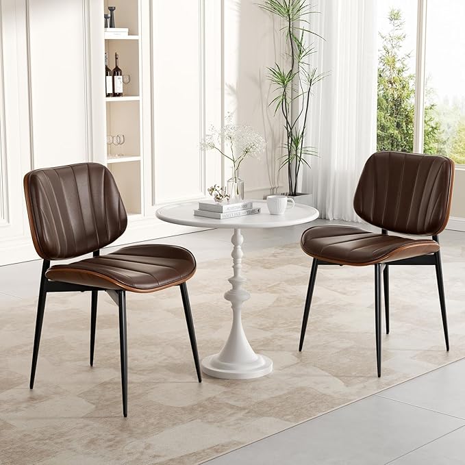 Dining Chairs Set of 2, Mid Century Modern Dining Room Chair, Upholstered Faux Leather Kitchen Chairs with Walnut Bentwood Back and Metal Legs for Kitchen Dining Living Room, Coffee
