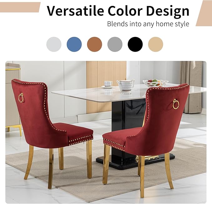 Luxury Upholstered Dining Chairs Set of 2, Red Kitchen Chair with Golden Metal Legs, Velvet Tufted Back Dining Chair, Sillas de Comedor, Modern Kitchen & Dining Room Chairs (Burgundy, 2 Pcs)