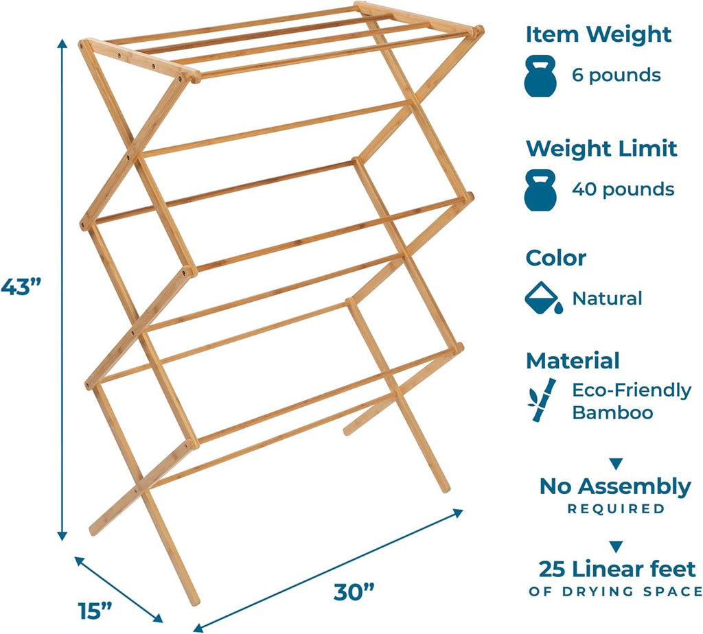 Honey-Can-Do Collapsible Bamboo Drying Rack – Sturdy & Foldable Laundry Drying Rack, Space-Saving & Portable Clothes Rack for Air-Drying Clothes, Towels, Blankets & Delicates, Indoor & Outdoor Use.