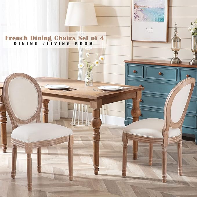 Nrizc French Country Dining Chairs Set of 4, Farmhouse Fabric Chairs with Round Back, Solid Wood Legs, Oval Side Chairs for Kitchen/Bedroom/Dining Room