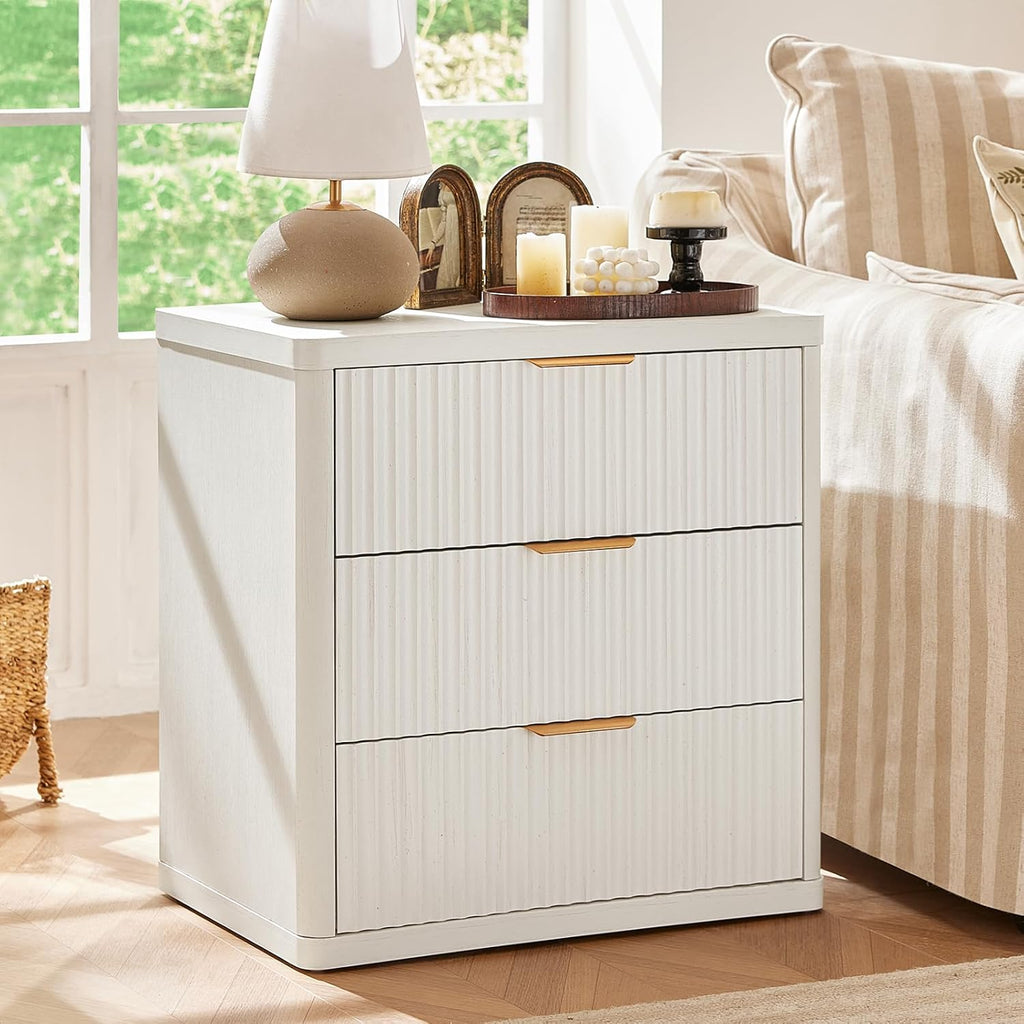 LEYAOYAO 23" Wide Fluted Farmhouse Night Stand Set of 2 with Charging Station, 3 Drawers Large End Table w/Metal Handle,White Nightstand Bedside Table,Wood Dresser for Bedroom, Closet
