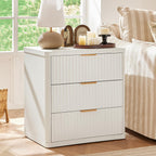 LEYAOYAO 23" Wide Fluted Night Stand with Charging Station,3 Drawers Large End Table with Storage,White Nightstand Wood Bedside Tables, Farmhouse Cabinet Dresser for Bedroom,Closet