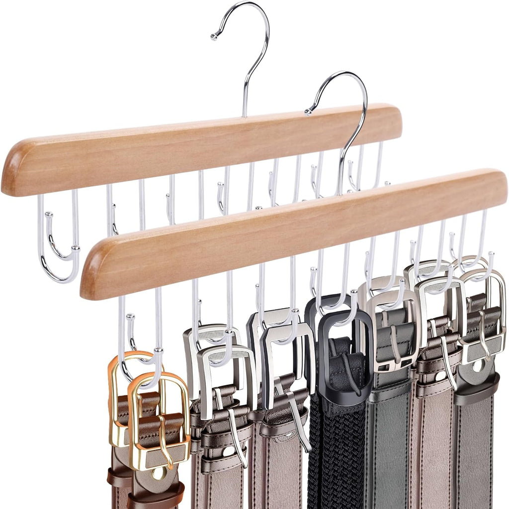 JOHOUSE Belt Organizer for Closet Max 42 Belts, 2 PCS Wooden Hanger for Storage with 14 Rotating Hooks Each, Durable Tie Holder Space Saver for Bra, Tank Top, Scarf
