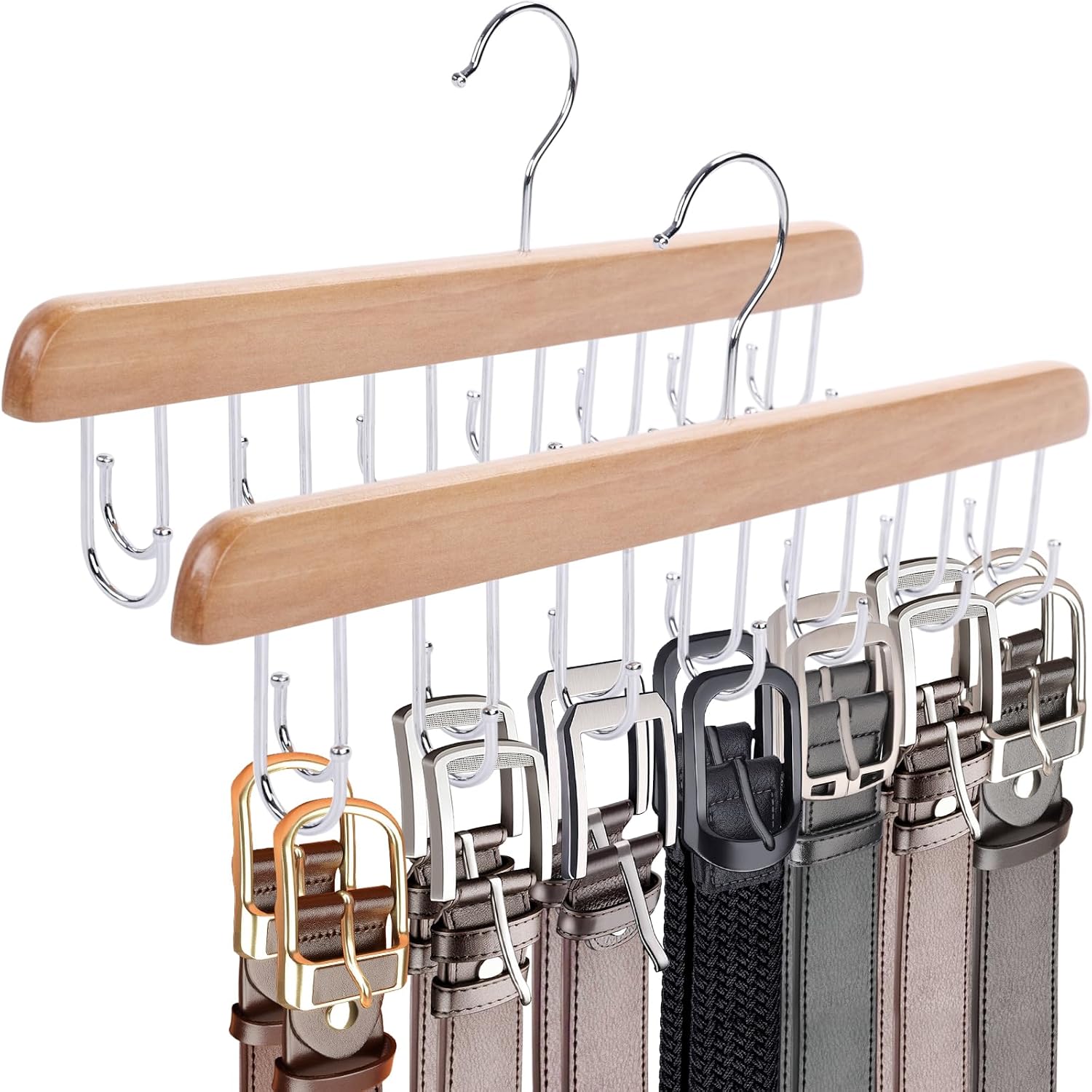 JOHOUSE Belt Organizer for Closet Max 42 Belts, 2 PCS Wooden Hanger for Storage with 14 Rotating Hooks Each, Durable Tie Holder Space Saver for Bra, Tank Top, Scarf