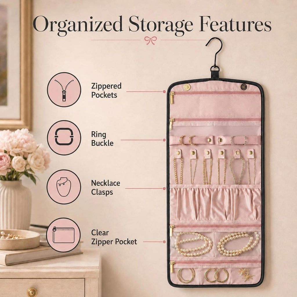 Double Sided Hanging Jewelry Organizer for Closet Door, Black,Travel Closet | hanging jewelry organizer keeps earrings, rings, necklaces, and bracelets visible in a closet or travel bag