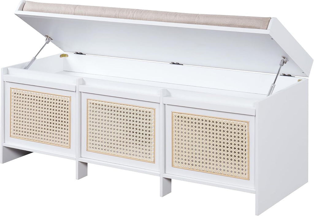 SOFTSEA 48" Shoe Storage Bench with Cushion, 2-Tier Entryway Bench with 3 Rattan Storage Drawers & Lift Top Storage, Retro Shoe Cabinet for Hallway, Bedroom, Living Room, White