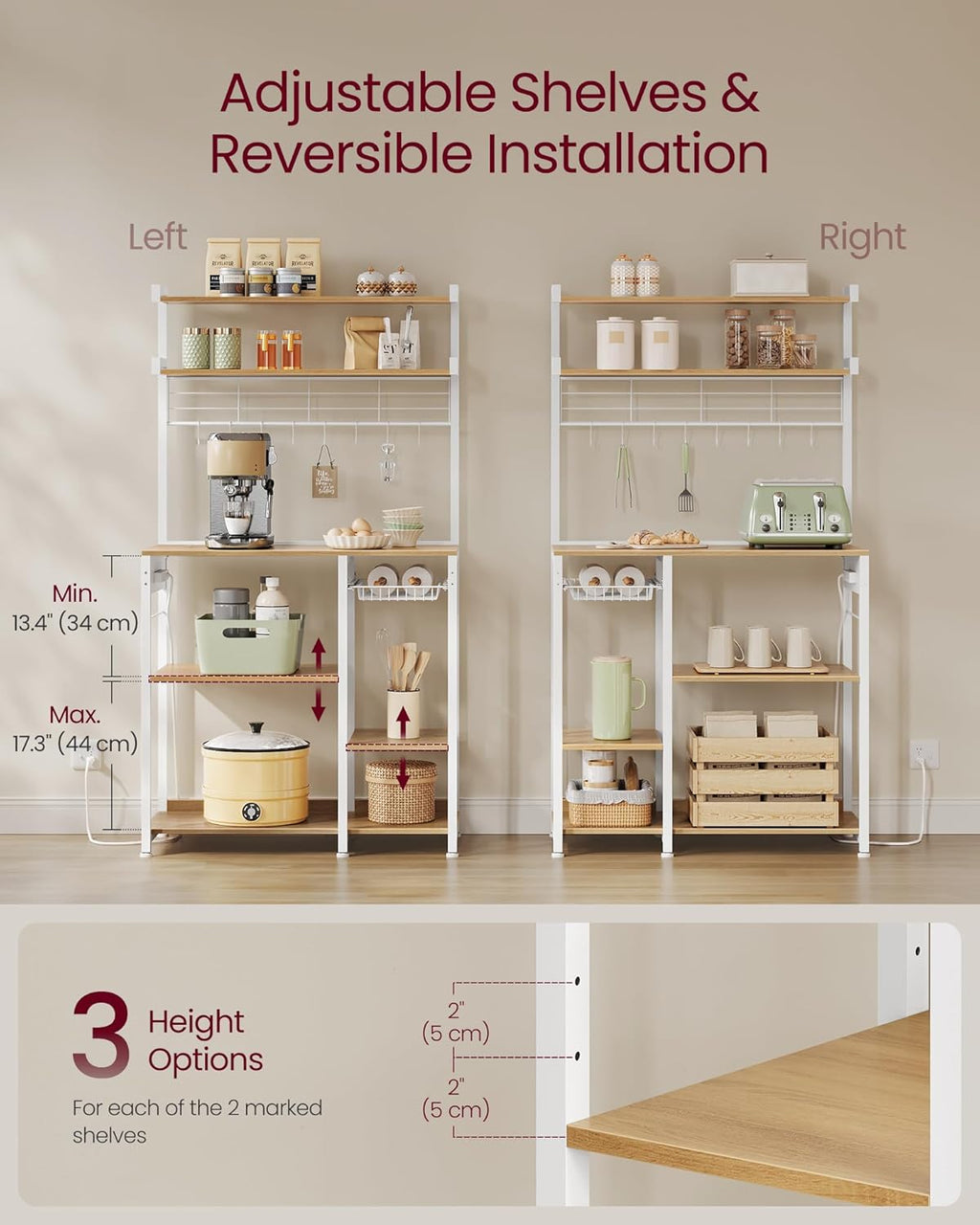 VASAGLE Bakers Rack with Power Outlet, 35.4 Inches Microwave Stand, Coffee Bar, 4 AC Outlets, with Adjustable Shelves, 8 S-Hooks, Basket, Spice Racks, Golden Oak and Cloud White UKKS031Y09