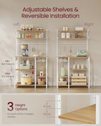 VASAGLE Bakers Rack with Power Outlet, 35.4 Inches Microwave Stand, Coffee Bar, 4 AC Outlets, with Adjustable Shelves, 8 S-Hooks, Basket, Spice Racks, Golden Oak and Cloud White UKKS031Y09