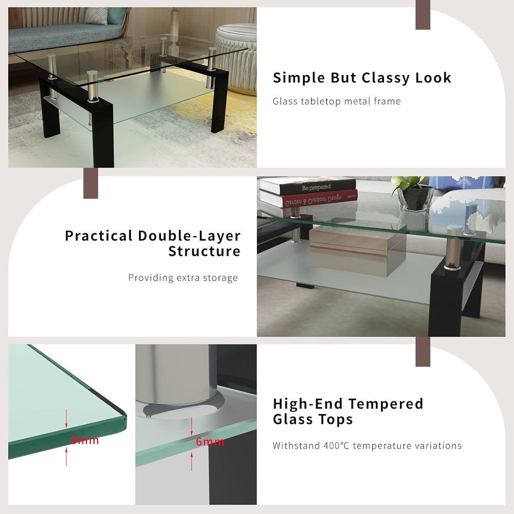 ODUSE-DAILY Glass Coffee Table - Black Metal Frame Set of 3 Living Room Table...