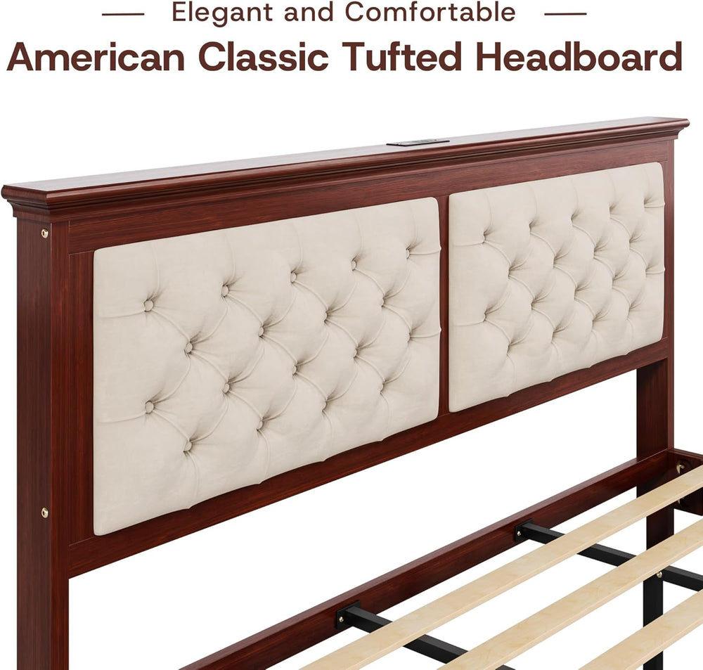 Lifezone Solid Wood King Bed Frame 46” Tall Diamond-Tufted Upholstered Headbo...