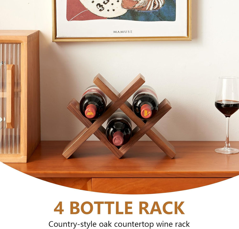 Solid Oak Wine Rack Countertop, 4 Bottle Tabletop Wine Holder - No Assembly F...