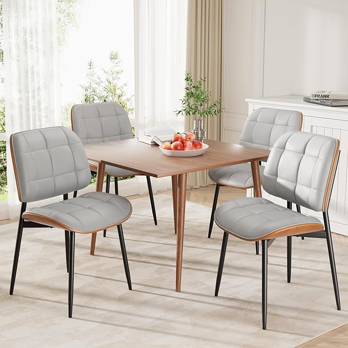 Dining Chairs Set of 4, Mid Century Modern Dining Room Chair, Upholstered Faux Leather Kitchen Chairs with Thick Cushion and Walnut Bentwood Back for Kitchen Dining Room, Grey