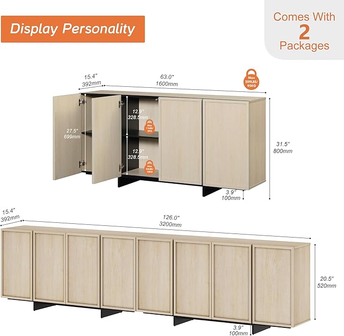 WAMPAT Modern TV Stand for TVs Up to 110", Wooden Entertainment Center TV Console with 8 Door Closed Storage and T-Shaped Wood Legs, Media Console Cabinet for Living Room, Bedroom, LightOak