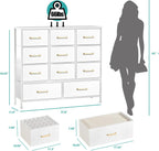 VASICAR 11-Drawer Compact Dresser for Bedroom, Fabric Clothes Storage Organizer, White Chest of Drawers with Wood Top for Closet, Nursery, Living Room