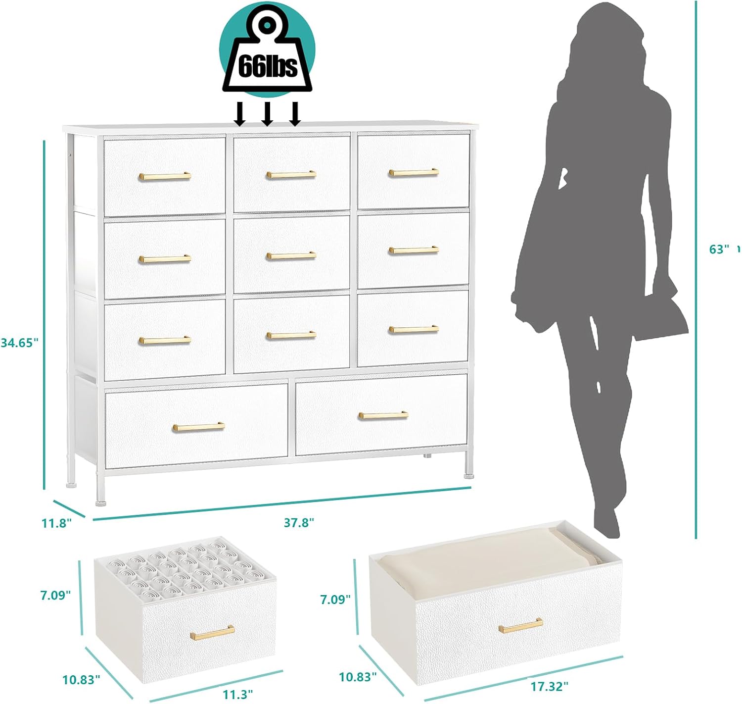 VASICAR 11-Drawer Compact Dresser for Bedroom, Fabric Clothes Storage Organizer, White Chest of Drawers with Wood Top for Closet, Nursery, Living Room