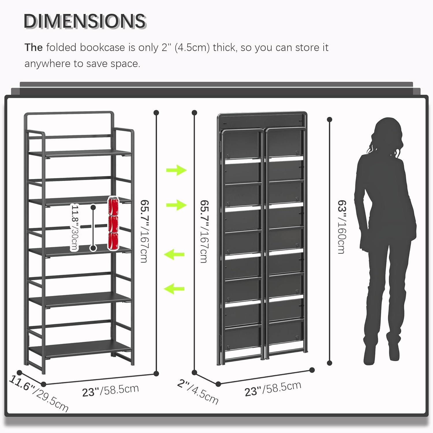 4NM No Assembly 5 Tiers Folding Bookshelf Storage Shelves Vintage Bookcase Standing Racks Study Organizer Home Office (All Black)