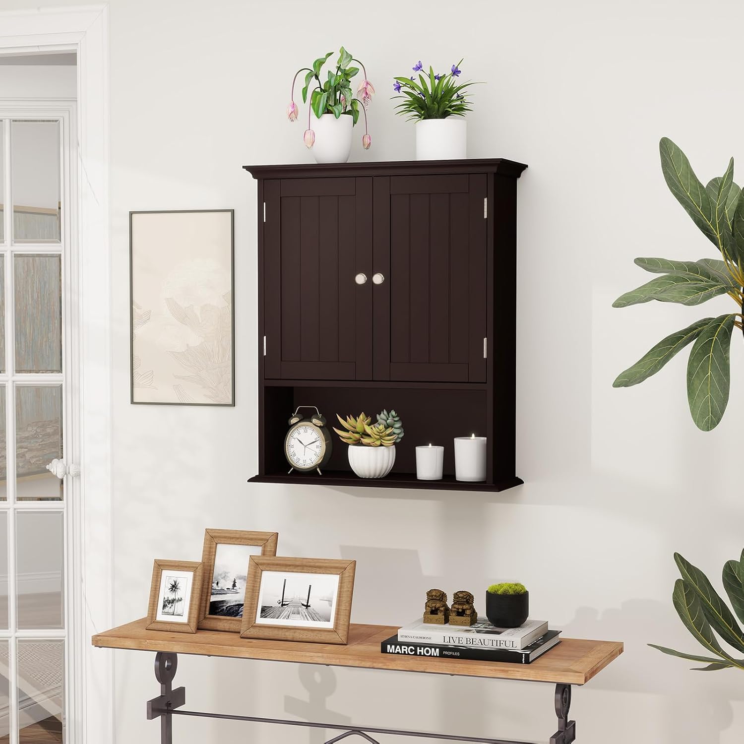 Tangkula Bathroom Wall Cabinet, Wooden Hanging Storage Cabinet with Doors & Shelves, Multipurpose Storage Cabinet for Restroom Kitchen Living Room, Wall Mounted Bathroom Medicine Cabinet (Brown)