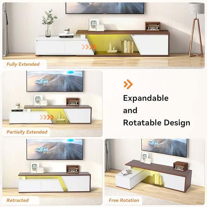 Verano Garden Extendable TV Stand with Led Lights, Wood TV Media Console with 2 Drawers & 1 Cabinet, Modern Entertainment Center Up to 90 Inch TV for Living Room Bedroom, 63" - 90.6" (White & Walnut)