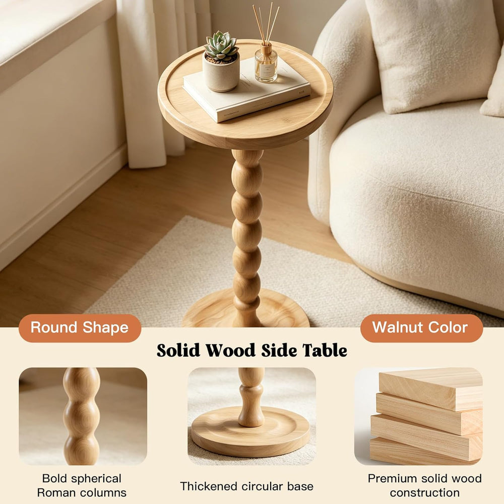 Round Side Table, Small End Table for Small Spaces with Solid Wood Leg, Accen...