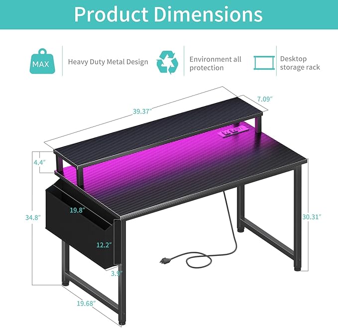Lufeiya Gaming Desk with Power Outlets and LED Lights, 40 Inch Gamer Desk Table with Charging Station, Home Office Computer Desks with Monitor, Black