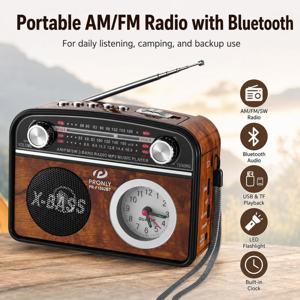 Portable AM/FM Radio with Bluetooth, Vintage Style Emergency Radio with Clock...