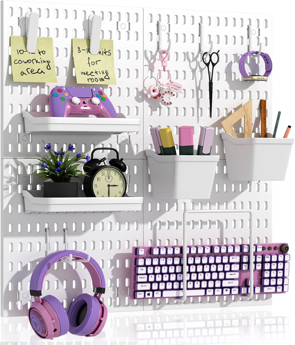 AKTOP Peg Board Wall Organizer 4-Pack – 12"x12" White Pegboard Combination Kit with 13 Accessories for Wall, Plastic Peg Board Panels for Home, Office, Garage Tool Storage & Craft Room