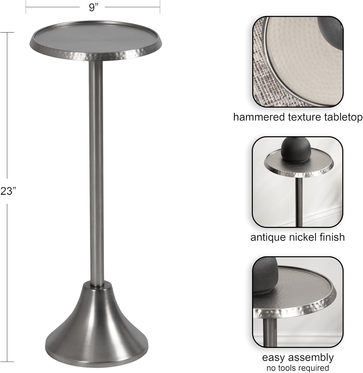 Kate and Laurel Sanzo Modern Pedestal Drink Table; 9 x 9 x 23; Antique Nickel; Decorative End Table with Hammered Tabletop for Use as Small Plant Stand or Living Room Martini Table
