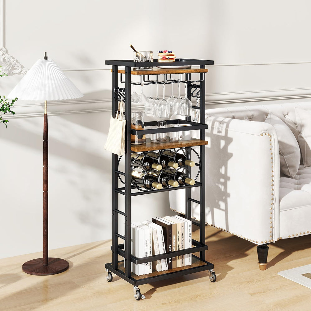 IBUYKE 4-Tier Wine Rack with Wheels,Bar Cart,Brown TMJ912H | Wine Car Cabinet...