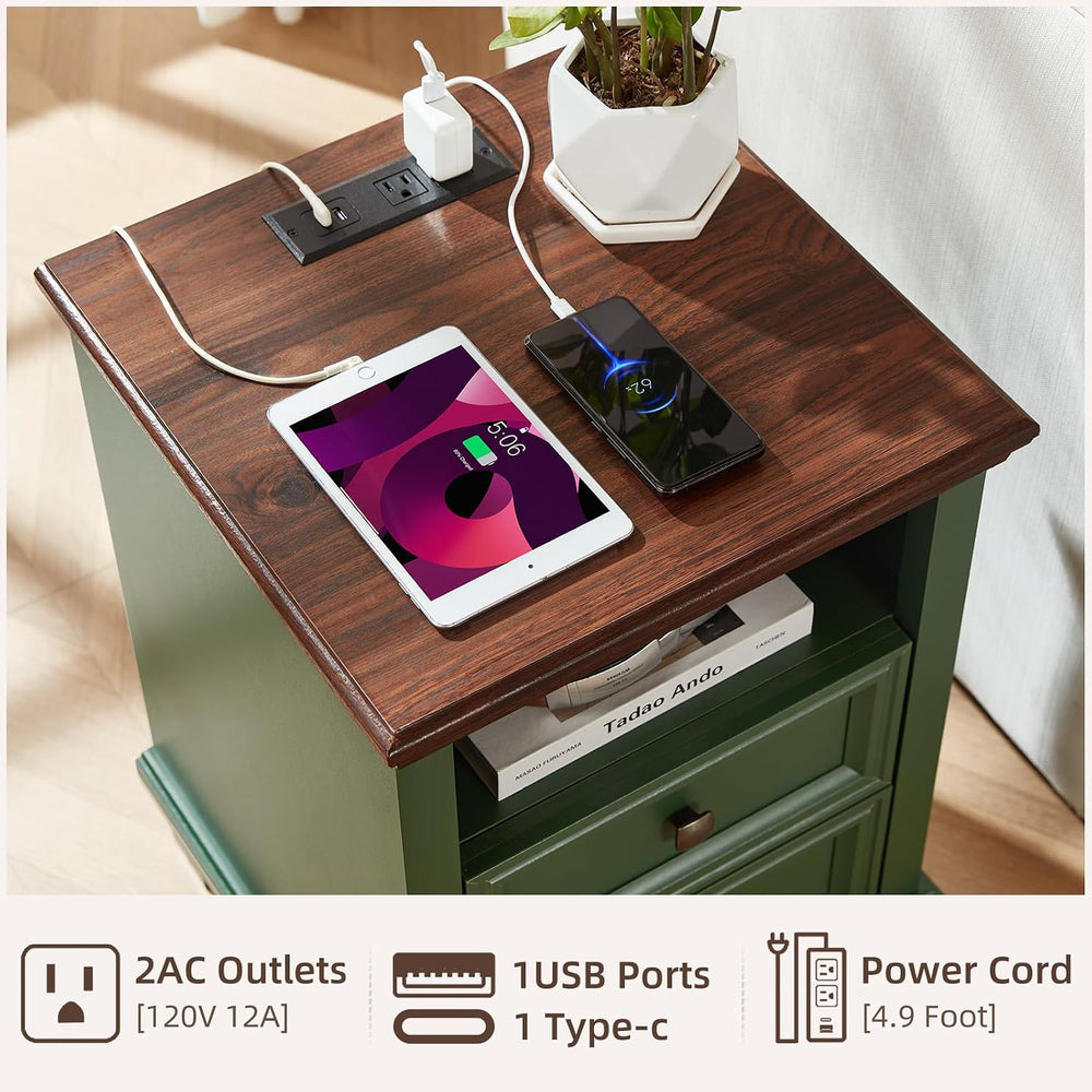 SAVOR LIFE Farmhouse Nightstand Set of 2 with Charging Station, Green | End T...