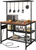 IDEALHOUSE 47" Kitchen Island with Electrical Outlets - Rolling Microwave Stand with 3-Tier Shelves, 5 Hooks & 400lb Capacity (Black & Wood)