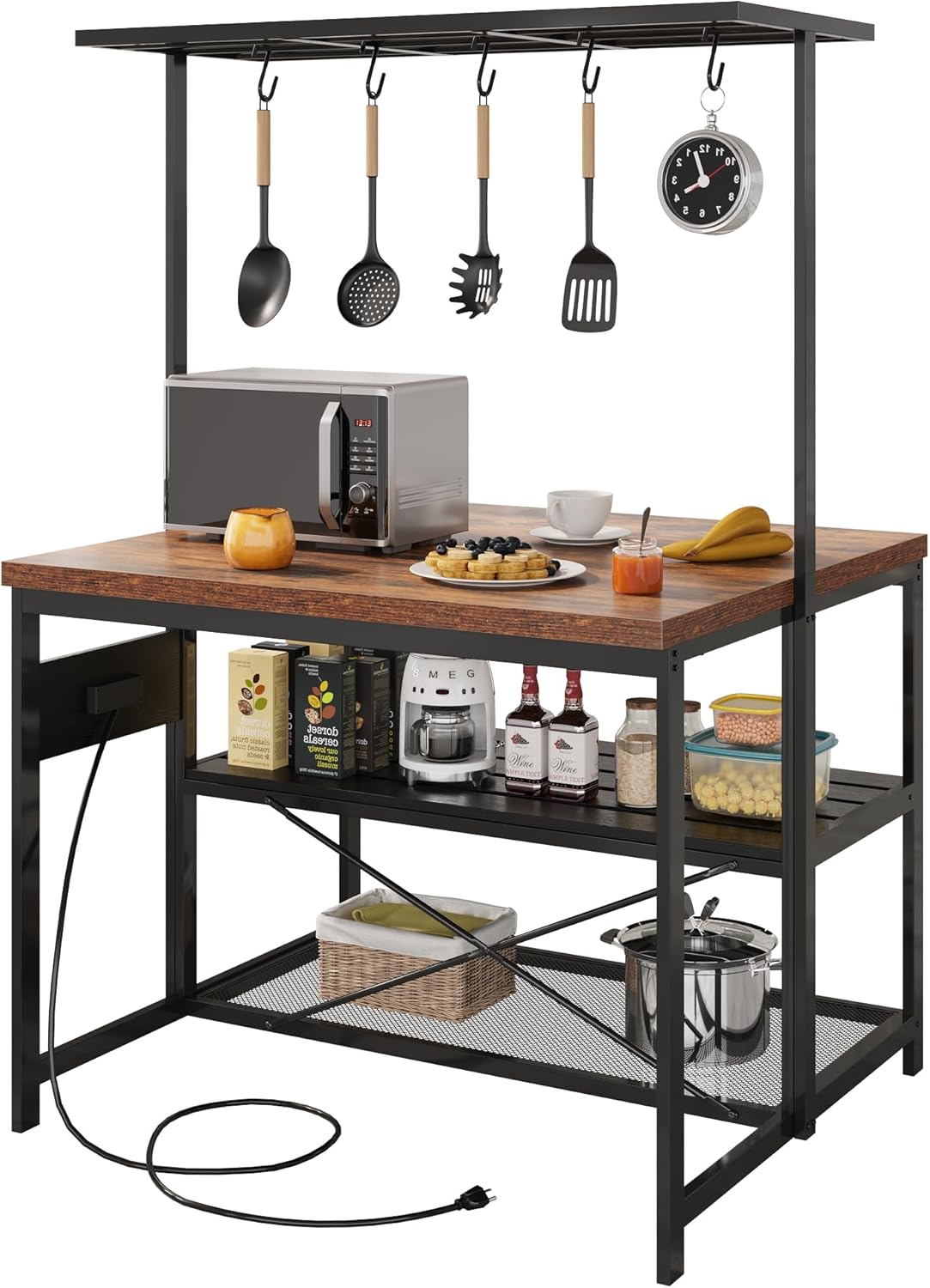 IDEALHOUSE 47" Kitchen Island with Electrical Outlets - Rolling Microwave Stand with 3-Tier Shelves, 5 Hooks & 400lb Capacity (Black & Wood)