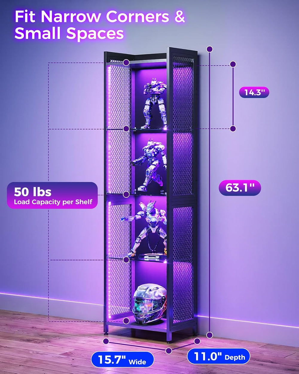 AODK Display Case with LED Lights, Display Cabinet with Open Glass Shelves fo...