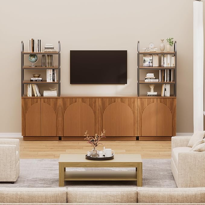 Yechen 110" Modular Entertainment Center with Bookshelves for up to 55", Mid Century Modern TV Stand with Storage, TV Cabinet with Adjustable Shelves, Living Room, Walnut Oak (3 PCS)