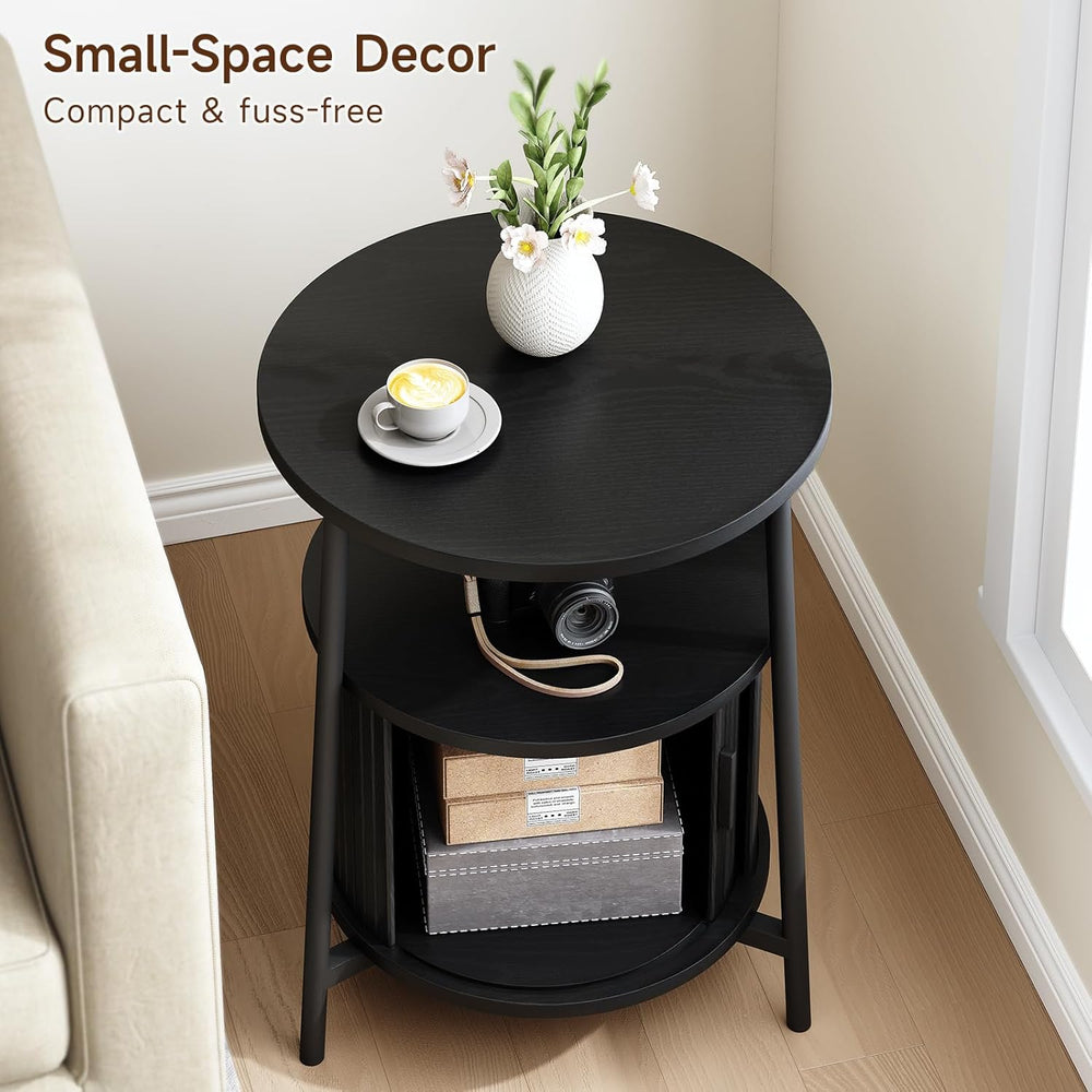 ONBRILL Round Side Table with Storage, Fluted Nightstand with Charging Statio...