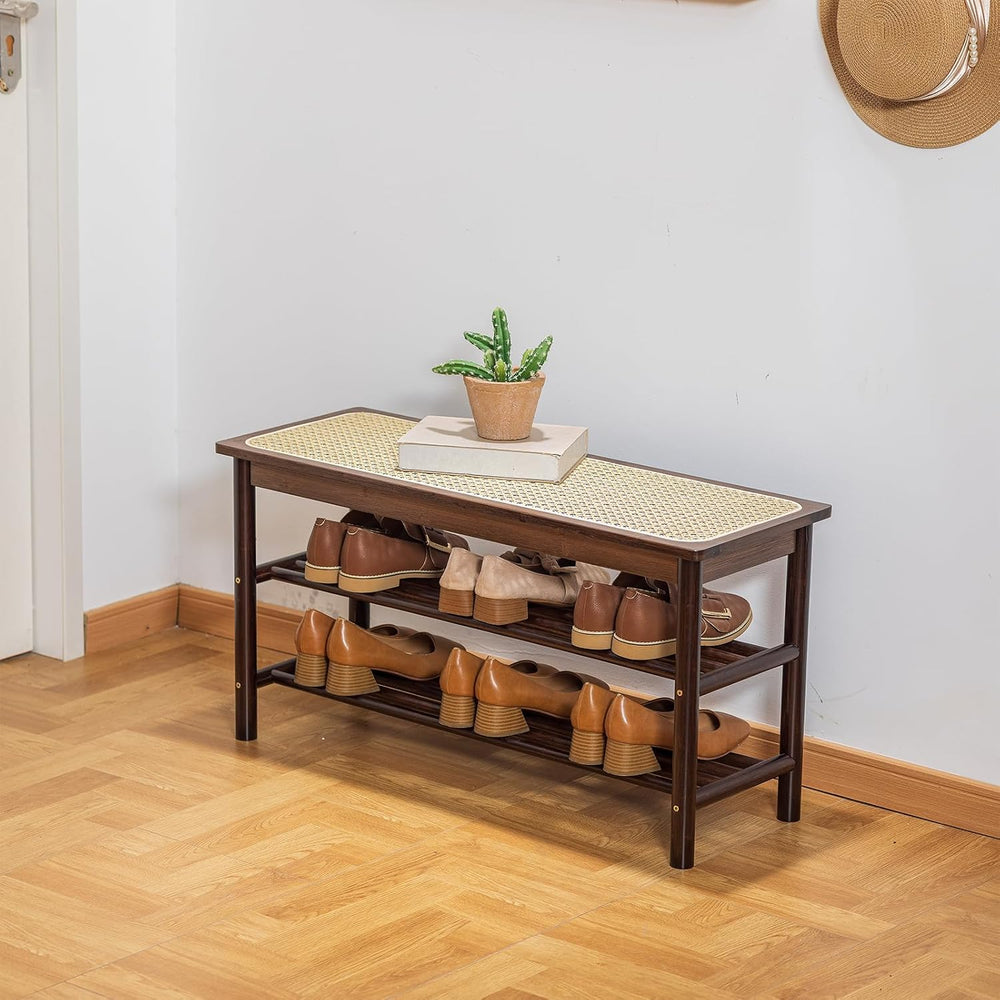 Bamboo Entryway Bench with Woven Rattan Seat, 2-Tier Shoe Storage Bench for H...