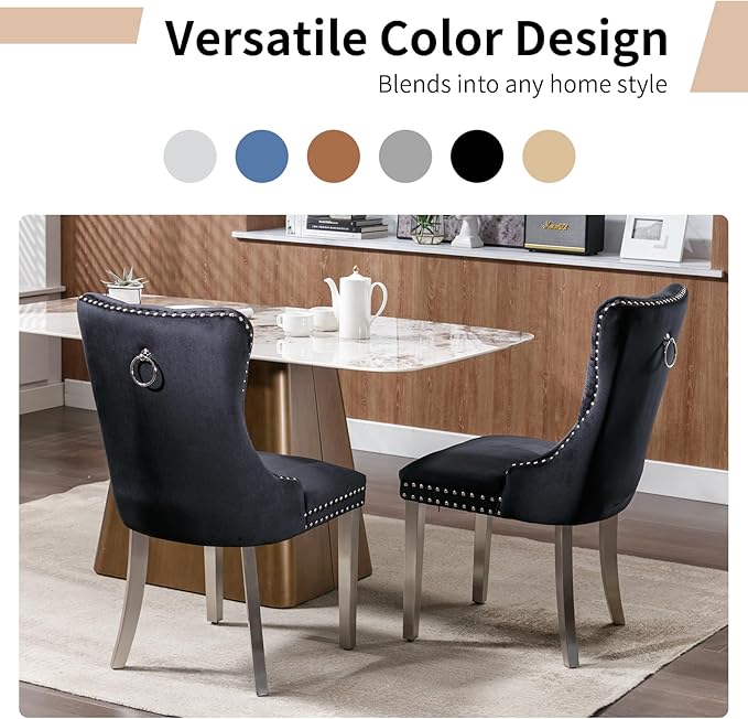Luxury Upholstered Dining Chairs Set of 4, Black Kitchen Chair with Silver Me...