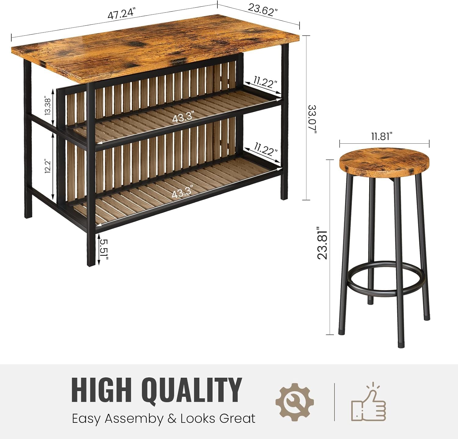 AWQM Kitchen Island with Seating & Storage Shelf, Modern Bar Table and Chairs Set for 2, Wooden Island Table for Kitchen, Dining Table Set for Small Space, Walnut Color