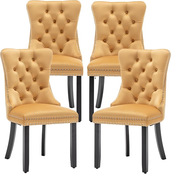 Mid Century Modern Dining Chair Set of 4 Velvet Upholstered Dining Accent Chair Farmhouse Dining Chairs with High Back and Nailhead Trim for Kitchen, Living Room, Bedroom (Gold)