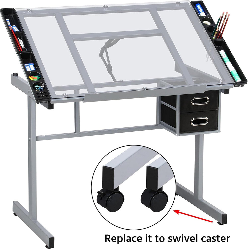 Yaheetech Glass Drafting Table with Storage, Adjustable Art Drawing Desk | Te...
